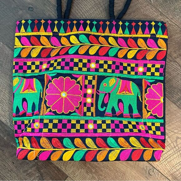 Multicolored Tote with Floral Elephant Motifs from India,decorative bead handle - Picture 2 of 13